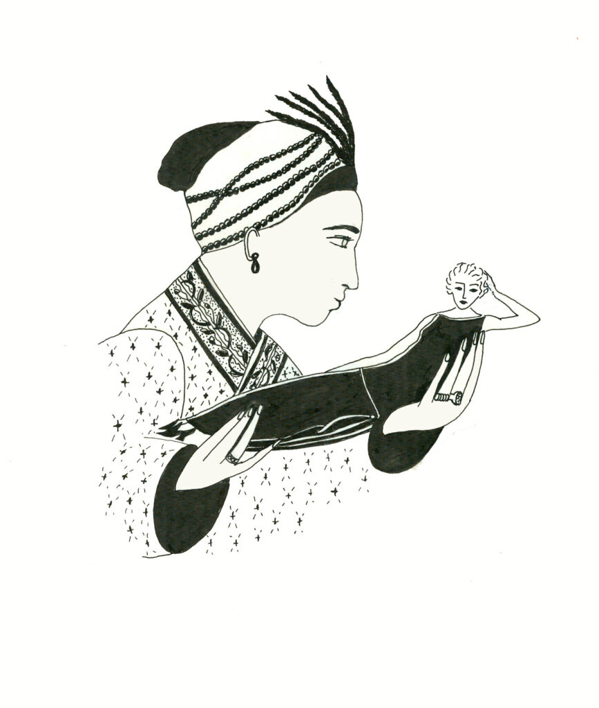 Drawing in ink representing an oriental young man wearing a turban and holding a woman that evokes boudoir dolls from the 1920s. This drawing by Lala is made after an invitation card from Paul Poiret. Only the face has been replaced by the one of BillyBoy*.